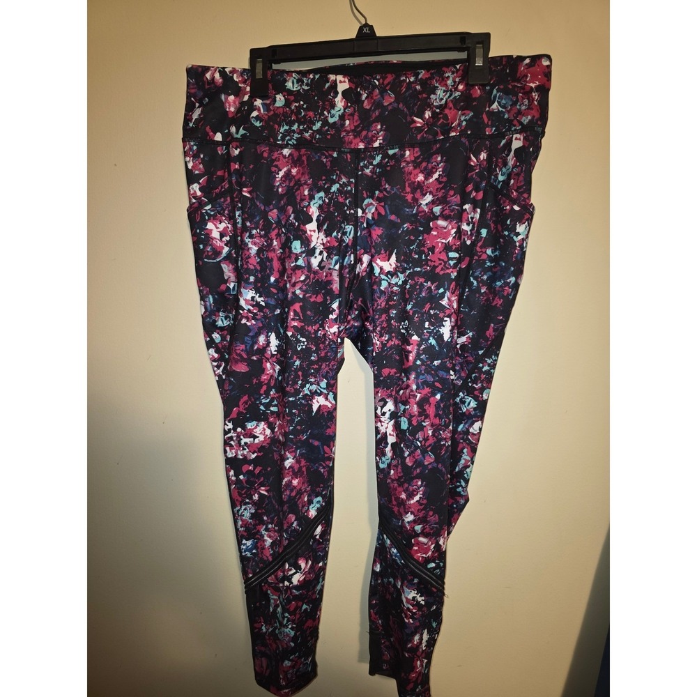 Ideology Womens 2X Floral Print Active Leggings Side Pockets Mesh Trim Pink Blue